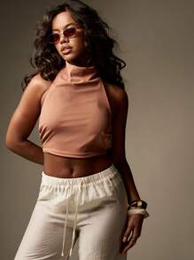 MISSGUIDED 露背缎面短款上衣，露背系带，夏季节日派对俱乐部之夜，现代简约都市时尚