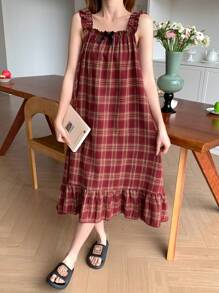 DAZY Plaid Ruffled Hem Slip Dress With Bow Decor, Back To School Clothes Pajama, Moo Moo - Yellow - View 5