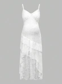 SHEIN Maternity Elegant Solid Color Lace Ruffle Hem Maternity Slip Dress, For Summer, Baby Shower - White - View 5