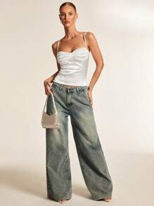 Glamine Top de satin blanc sexy dos nu froncé, top pour soirée, fête de vacances, sortie, anniversaire, top de base