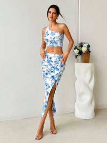 SHEIN VCAY 2pcs Women Oblique Shoulder Crop Top And Drawstring Waist Skirt Set,Vacation Outfits Woman,Sundresses For Vacation,Beach Vacation Outfits,Tropical Vacation Woman Clothes,Summer Outfits For Women,Everyday,Backless Dress,Floral Dress,Women,Suitable For Party, Date, Afternoon Tea, Summer Outfit, Beach Vacation, Music Festival,Sundress,Aura Style - Blue and White - View 6