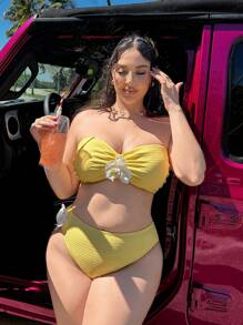 SHEIN Swim Curve 3D Bloemen Getextureerde Stof Plus Size Badmode Set