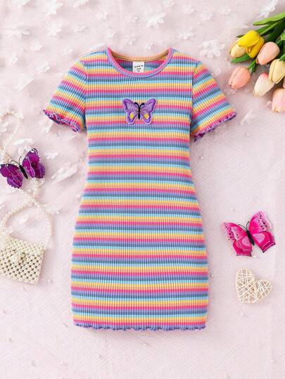 Young Girl Fitted Knit Striped Round Neck Casual Dress