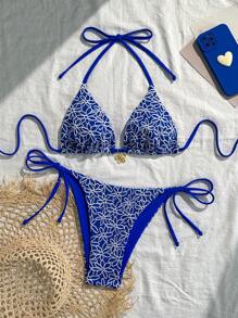 Swim Mod Textured Halter Triangle Spaghetti Strap Bikini Set With Tie-Side Bottoms For Summer Beach Vacation - Royal Blue - View 1