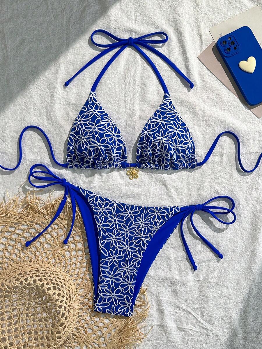 Swim Mod Textured Halter Triangle Spaghetti Strap Bikini Set With Tie-Side Bottoms For Summer Beach Vacation - Royal Blue - View 1