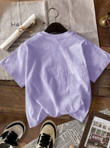 SHEIN Leap Crew Tween Girls' Casual Minimalist Short Sleeve Crew Neck T-Shirt, Suitable For Summer