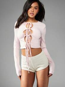 MISSGUIDED Crop top a maniche lunghe con fiocco e dettagli tagliati, adatto per festival, club, feste e balli, vestibilità aderente, design moderno e alla moda nello stile Y2K - Rosa - Visualizzare 4