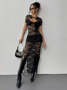 SHEIN Essnce Damen Spitzen Ausschnitt Körperbetontes Transparentes Kleid, sexy ärmellos