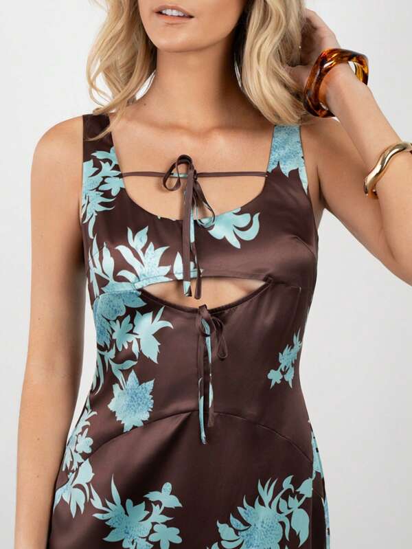 SNOW XUE GAO Brown Floral Print Bow Short Dress For Summer Wedding Guest Dress Women Break Brunch Outfits Vacation Outfits Women Elegant Floral Dress