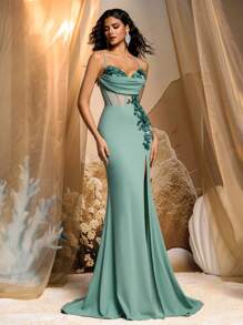 Glamrae Gaun Mermaid Mewah Elegan dengan Payet, Desain Bunga 3D, Belahan Elastis, dan Detail Kerutan, Cocok untuk Tamu Pernikahan, Pesta, Perjamuan, dan Gaun Malam Formal - Hijau - View 7