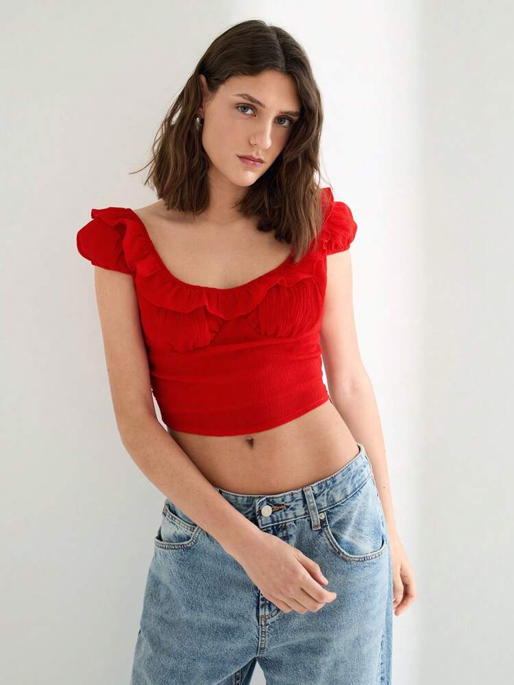 SHEIN Maija Red Ruffled Collar Form-Fitting Elegant Refined Sweet Cropped Style Top For Women, Spring/Summer