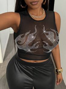 Slaydiva 2025 Spring/Summer New Arrival Plus Size Casual LIMITED Edition Hot Diamond Pattern Round Neck Top, Nashville / Concert / Ibiza / Rave / Concert Women / Rave Top / Rave - Black - View 7