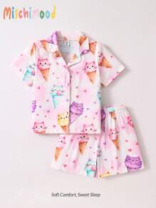 两件套女童彩色独角兽印花开襟短袖短裤舒适睡衣套装，女童两件套，女童短袖上衣和短裤睡衣，儿童睡衣 - 彩色 - 查看 2
