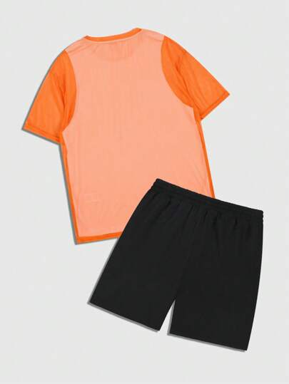 Prep Men's Jersey Mesh Letter Print Round Neck Short Sleeve T-Shirt And Shorts Set