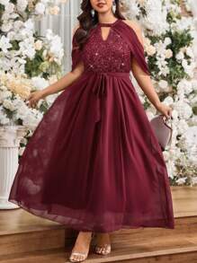 SHEIN Unity 大码优雅派对和婚礼季节船领亮片拼接雪纺高腰 A 字连衣裙