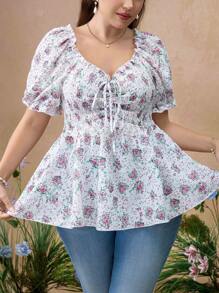 Flirla Plus Size Vacation Style Square Collar Ditsy Floral A-Line Blouse - Multicolor - View 3