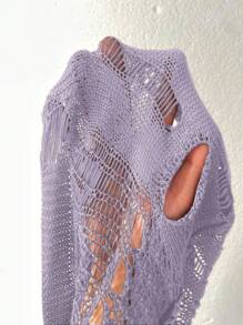 Maweii Women Cropped Hollow Out Pullover Sweater, New Design For Autumn/Winter - Purple - View 3