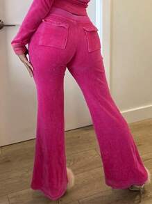 INAWLY 女士口袋休闲直筒裤，时尚街头风格 - 玫紅色 - 查看 3