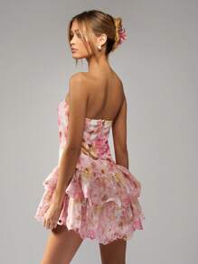 MISSGUIDED Floral Broderie Anglaise Mini Dress Strapless Tiered Ruffle Summer Party Wedding Guest Spring Eyelet Lace Garden Party Easter Brunch - Pink - View 2