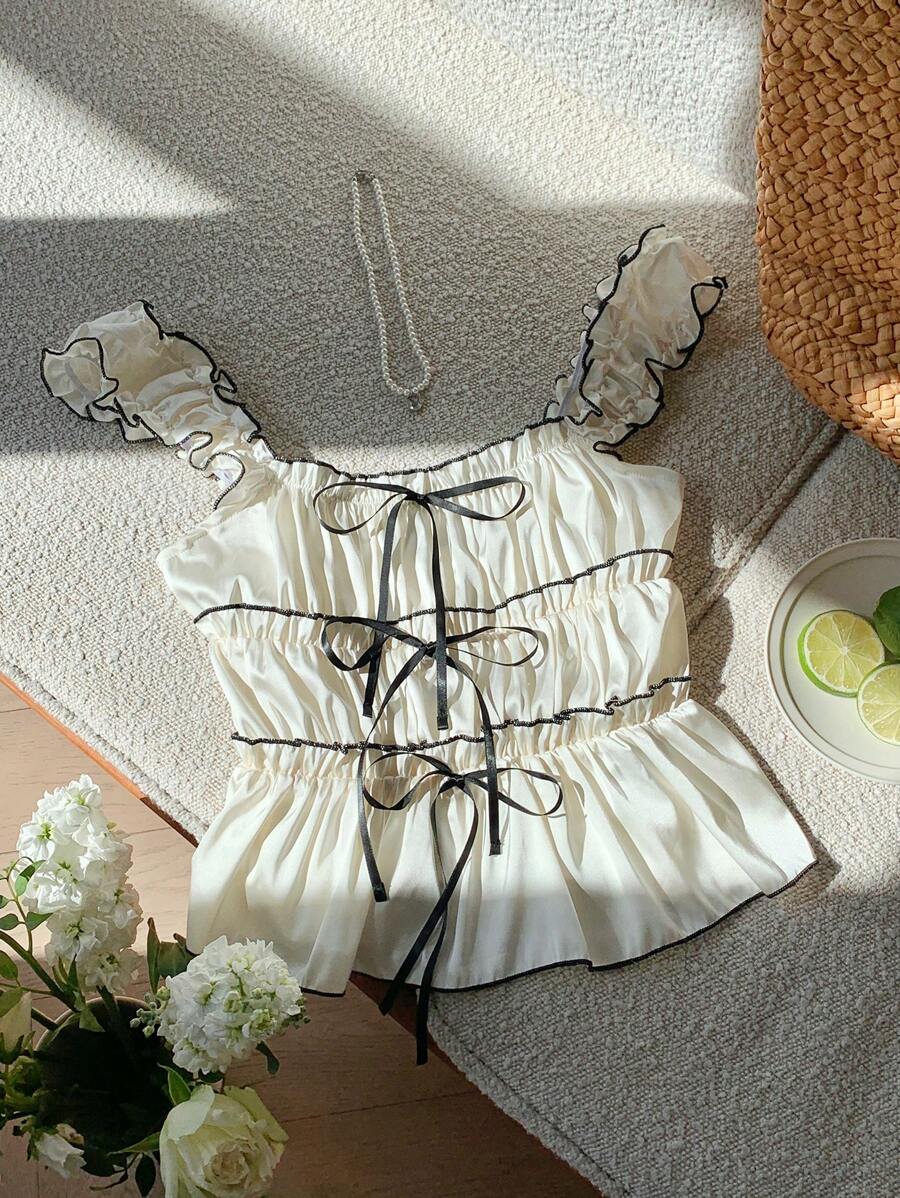 Comfortcana 女士夏季可爱荷叶边系带吊带衫