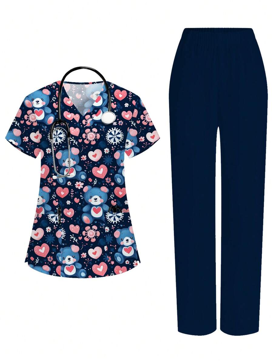 PopScrub Cartoon Bear & Heart Design Women's Set, Short Sleeve Nurse Uniform, Hand Washing Service Uniform Scrub Sets For Women Nurse Scrub Sets Women Women Scrubs Print V Neck Frosted Scrub Top, Casual Short Sleeve Work Wear, Women Sweetheart V-Neck Ruched Blouse, Women Short Sleeve V-Neck Nurse Uniform Shirt With 2 Pockets, Soft Stretchy Ruched Graphic Tee Women's V-Neck Short Sleeve Double Pocket Cute Cartoon Animal Pink Heart Rabbit Print Simple Nurse Uniform Set/Doctor Work Uniform Set/ Examination & Surgery Uniform Set/Solid Color Pet Grooming Work Uniform Set/Nutritionist Work Uniform Short Sleeve Set/Functional Multi-Pocket Lab Work Uniform Set - Blue - View 1