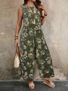 EMERY ROSE 大码女式印花圆领无袖阔腿裤两件套，夏季