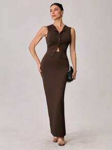 SHEIN Tall Women's Summer Casual Bottoming Sleeveless Long Skirt Slim Fit Suit Is Elegant And Suitable For Parties And Dates - Brown - View 1
