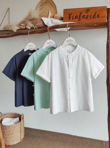 SHEIN 3 件套青少年男孩夏季立领时尚百搭休闲纽扣衬衫，适合居家、休闲、户外活动、与朋友聚会，提供舒适轻松的外观，简单的设计让您保持舒适，多种颜色可选 - 彩色 - 查看 3