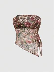 ROMWE 2pcs/Set Women Hippie Style Lace Print Bustier Crop Top And Side Drawstring Bodycon Mini Skirt Set - Multicolor - View 3