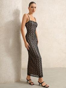 Femmeiva Elegant Sexy Fitted Lace Spaghetti Strap High Split Long Dress   Old Money Style For Summer - Black - View 7