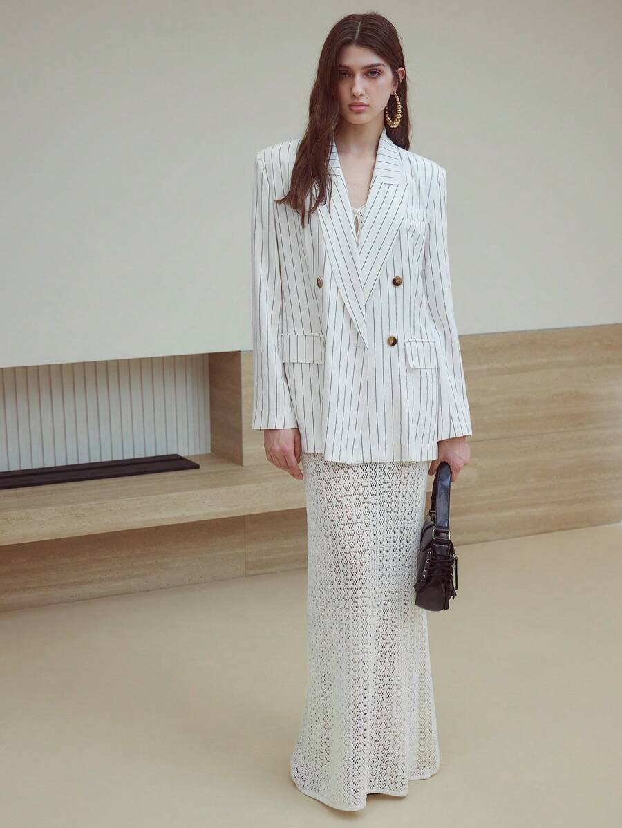 MOTF STUDIO LINEN STRIPED DOUBLE BREASTED BLAZER