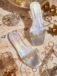 CUCCOO TILAWA Women's Summer Sparkling Crystal Transparent Shoes, Square Toe Flat Comfortable Shiny Luxury High-End Quality Beach Sandals, Fashion Party Evenings Transparent Silver PVC Flat Slippers