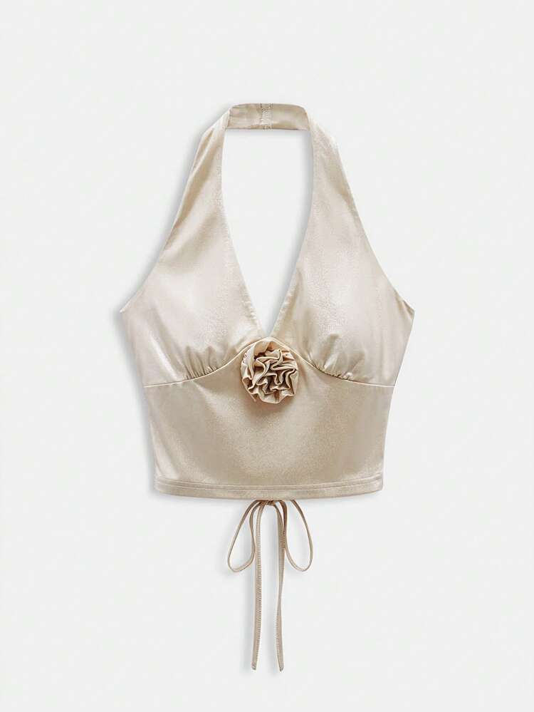 SHEIN Maija 2025 Summer New Women Pale Apricot Halter Neck Backless 3D Floral Decor Tie-Up Beach/Party/Wedding Guest Camisole Top, Urban Casual Vacation, Graduation Season