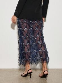 AiiRZ Chân váy midi đính sequin lấp lánh, viền lông vũ, thích hợp cho tiệc tối, lễ hội, dịp đặc biệt, đám cưới, tiệc trang trọng, lễ kỷ niệm, kiểu chân váy bút chì sang trọng. - Màu xanh hải quân - Xem 2