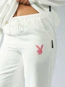 Missguided x Playboy 合作款直筒慢跑裤，带有标志性兔子标志，运动休闲裤，街头服饰，运动休闲，春夏舒适服饰 - 白色 - 查看 5