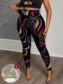 Slaydiva 大码休闲简约全印花紧身裤，适合春秋季节 - 彩色 - 查看 7