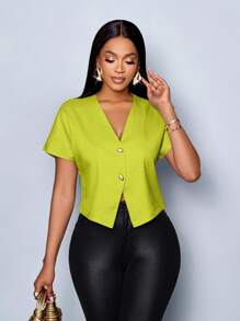 SOLERSUN Áo cánh tay ngắn thanh lịch cổ chữ V màu trơn có nút kim loại viền bất đối xứng cho nữ - màu xanh lá - Xem 6