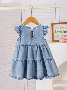 1pc Baby Girl Casual Washed Denim Puff Dress With Embroidered Bowknot Decor - Blue - View 2