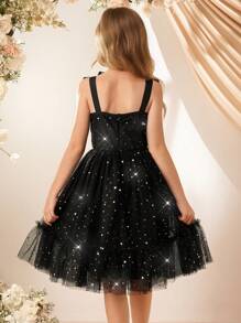 Tween Girls' Off-Shoulder Star Mesh Stitching Party Banquet Wedding Dress, Elegant And - Black - View 2