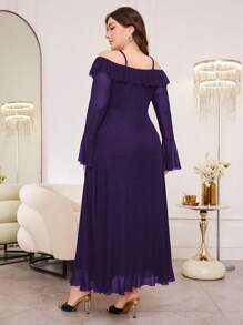 Modelyn Vestido elegante cómodo para mujer de talla grande con hombros descubiertos, mangas abullonadas y dobladillo con volantes de tela de red - Morado - Ver 2