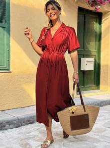 Flirla Plus Size Women's French Style Commuting Elegant Casual Single Bamboo Knot Linen V-Neck Button Shoulder Ruched Waist Drawstring Short Sleeve Ruffle Hem Long Dress, Spring/Summer - Burgundy - View 1