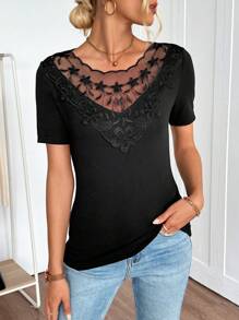 EMERY ROSE Women Patchwork Embroidery Mesh Round Neck Short Sleeve T-Shirt - Black - View 1