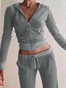 INAWLY Set de 2 piezas de mujer: sudadera con capucha de manga larga con cremallera y unicolor, y pantalones con cordón a la cintura, para otoño - Gris - Ver 2