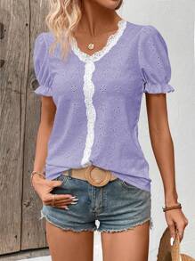 SHEIN LUNE Women's Vacation Contrast Lace Embroidered Puff Sleeve T-Shirt - Multicolor - View 5