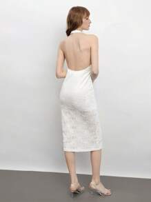 Maija White Lace Jacquard Texture Deep V-Neck Sleeveless Midi Dress, Elegant Fitted Comfortable Spring/Summer Versatile Women's Apparel, Festive - White - View 2