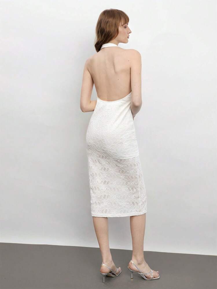 SHEIN Maija Biała koronkowa żakardowa tekstura, głęboki dekolt w serek, bez rękawów, sukienka midi, elegancka, dopasowana, wygodna, wiosna/lato, uniwersalna odzież damska, świąteczna