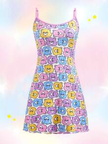 SHEIN X Care Bears Women's White Summer Y2K Cute Bear Print Mini Cami Dress Vacation Rave Outfits Festival Halter Neck Dress Cheer Bear Funshine Bear - Pink - View 7