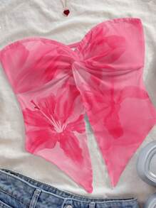 Soleia Vacation Style Orange Tropical Floral & Hibiscus Print Twist Asymmetrical Hem Blouse, Suitable For Spring/Summer Holiday,Rave Top Suitable For Going Out - Pink - View 7