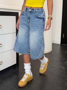 SHEIN Pantalons capris longs amples en jean délavé à taille basse pour adolescentes, printemps été, Tenues bohèmes larges pour vacances à la plage d'été, Tenues d'été pour brunch, remise des diplômes, Tenues streetwear pour festivals de concerts d'été
