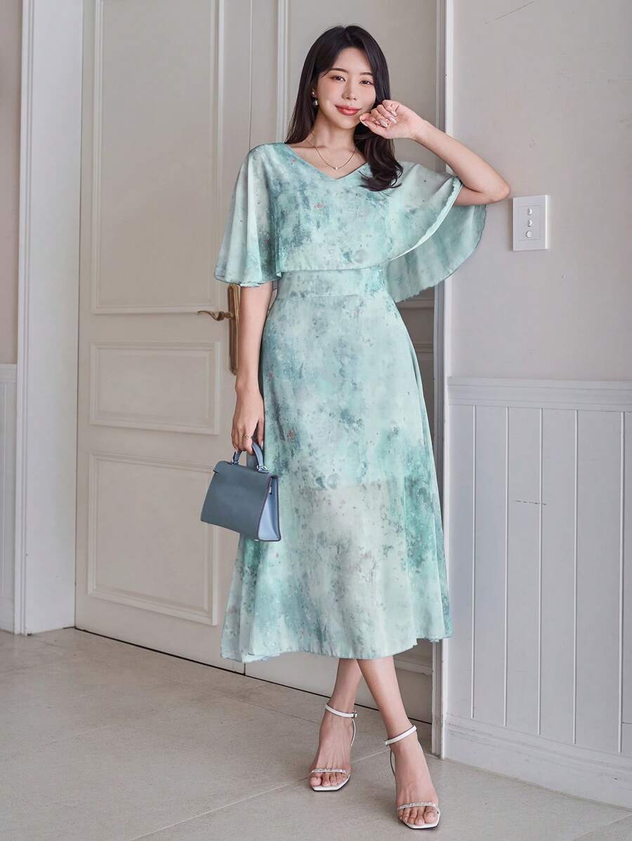 DAZY Solid Color V-Neck Mid-Length Shiny Dress For Women